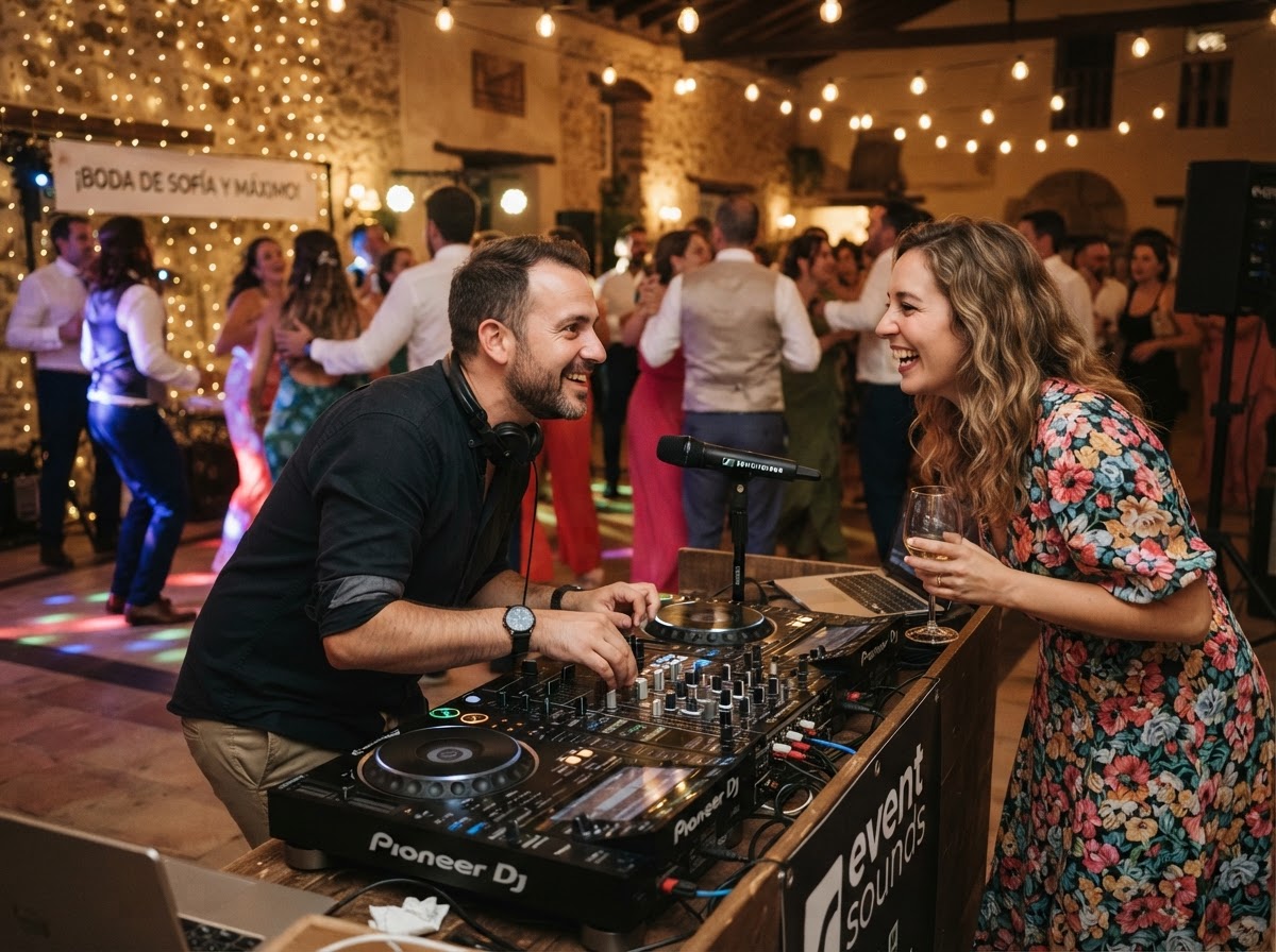 DJ conversando con un invitado cerca de la pista de baile en una boda