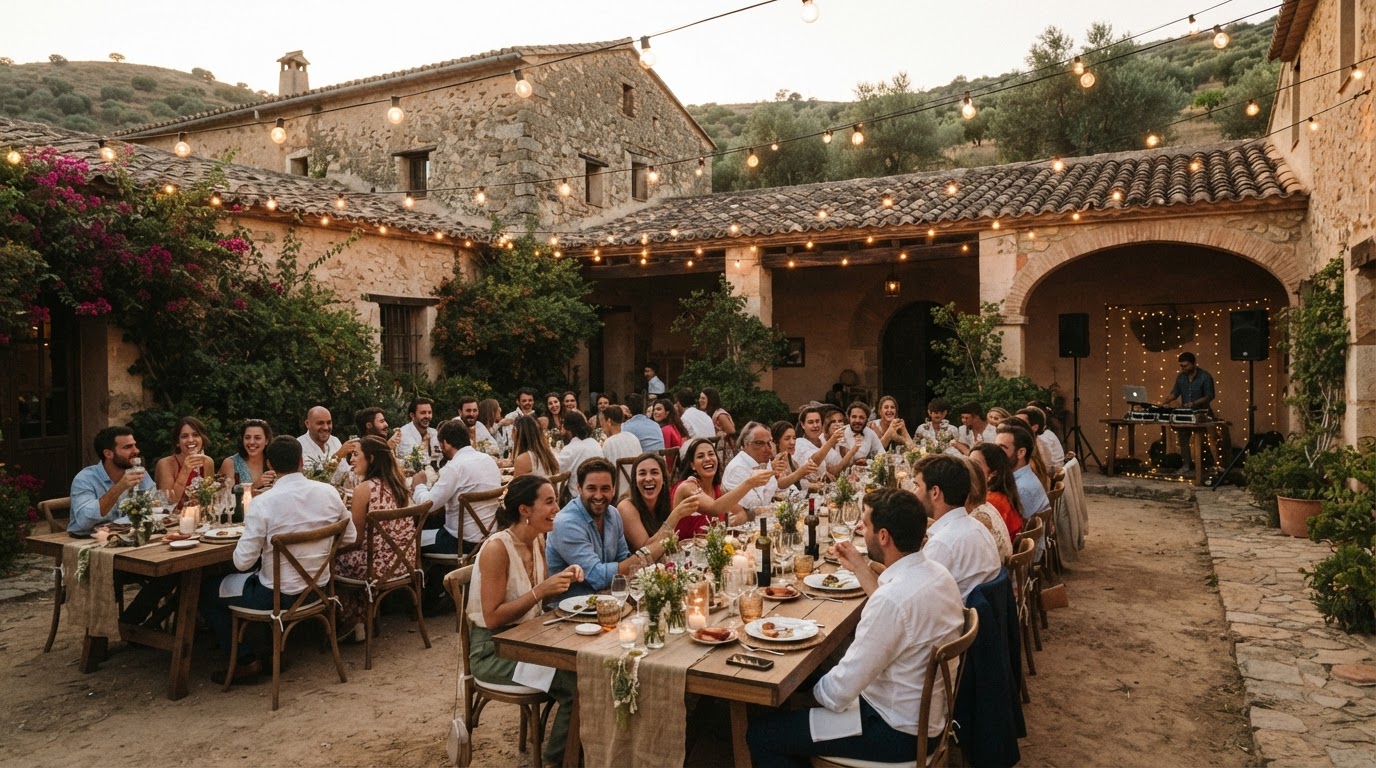 Recepción de boda en una finca española con invitados disfrutando