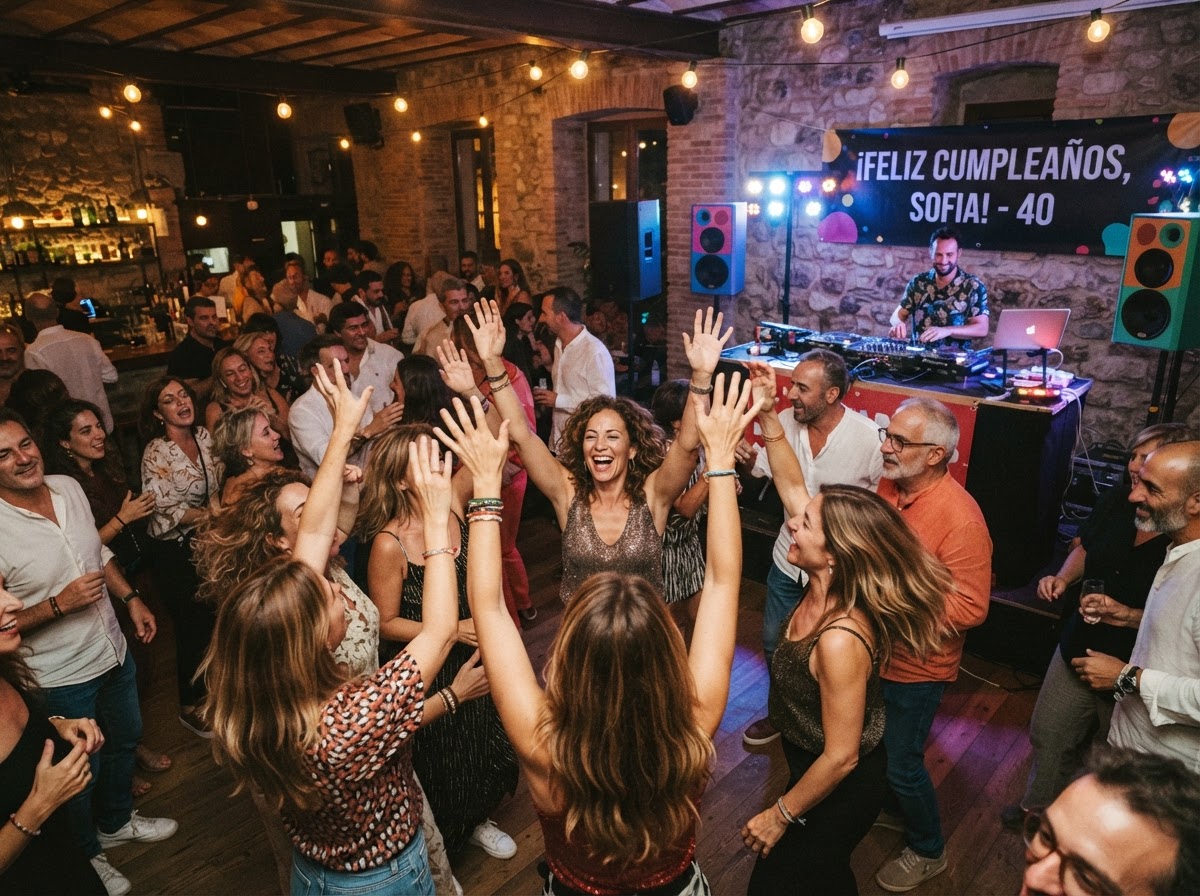 Fiesta de cumpleaños con invitados bailando en un espacio de eventos