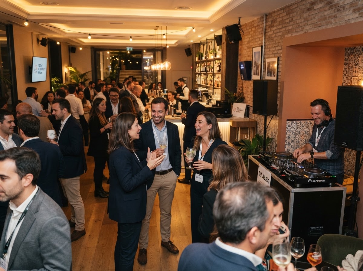 Evento corporativo en un hotel en España con invitados conversando
