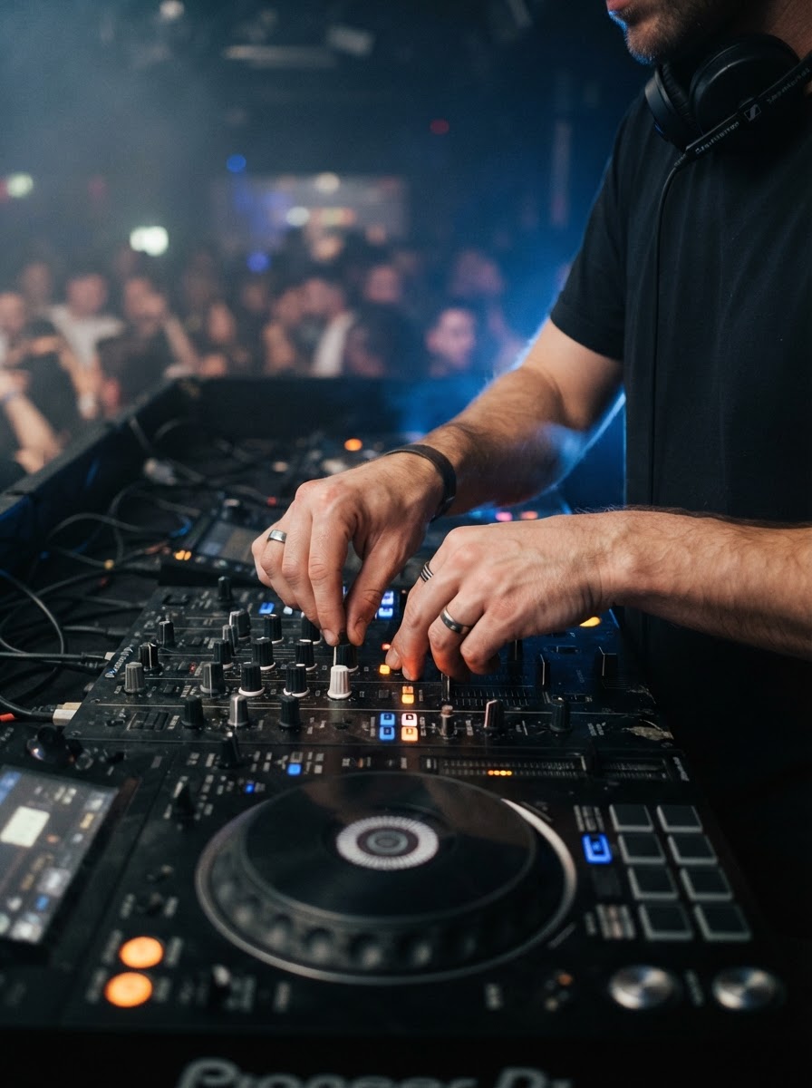 Manos del DJ ajustando los controles de la mesa de mezclas