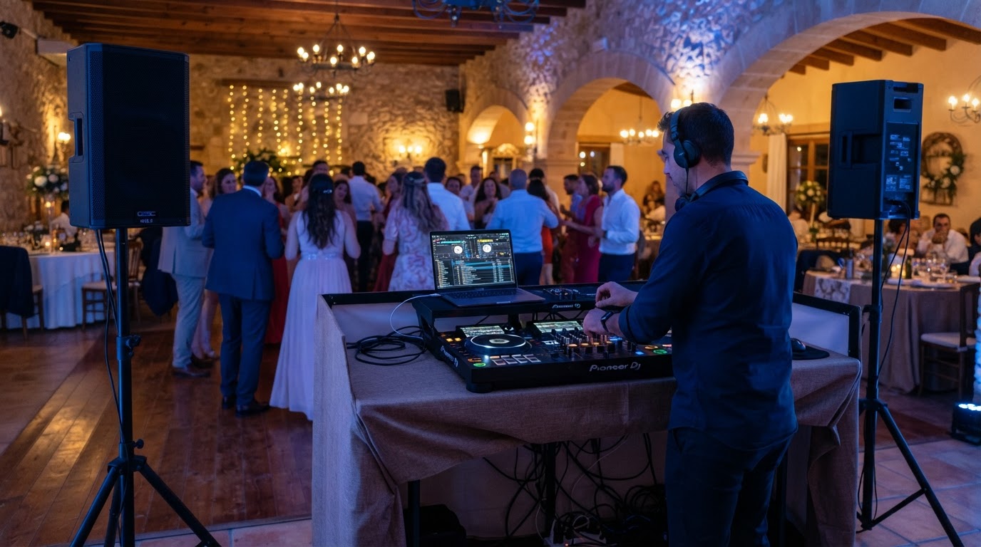Cabina de DJ con sonido e iluminación en un evento, vista desde un ángulo correcto