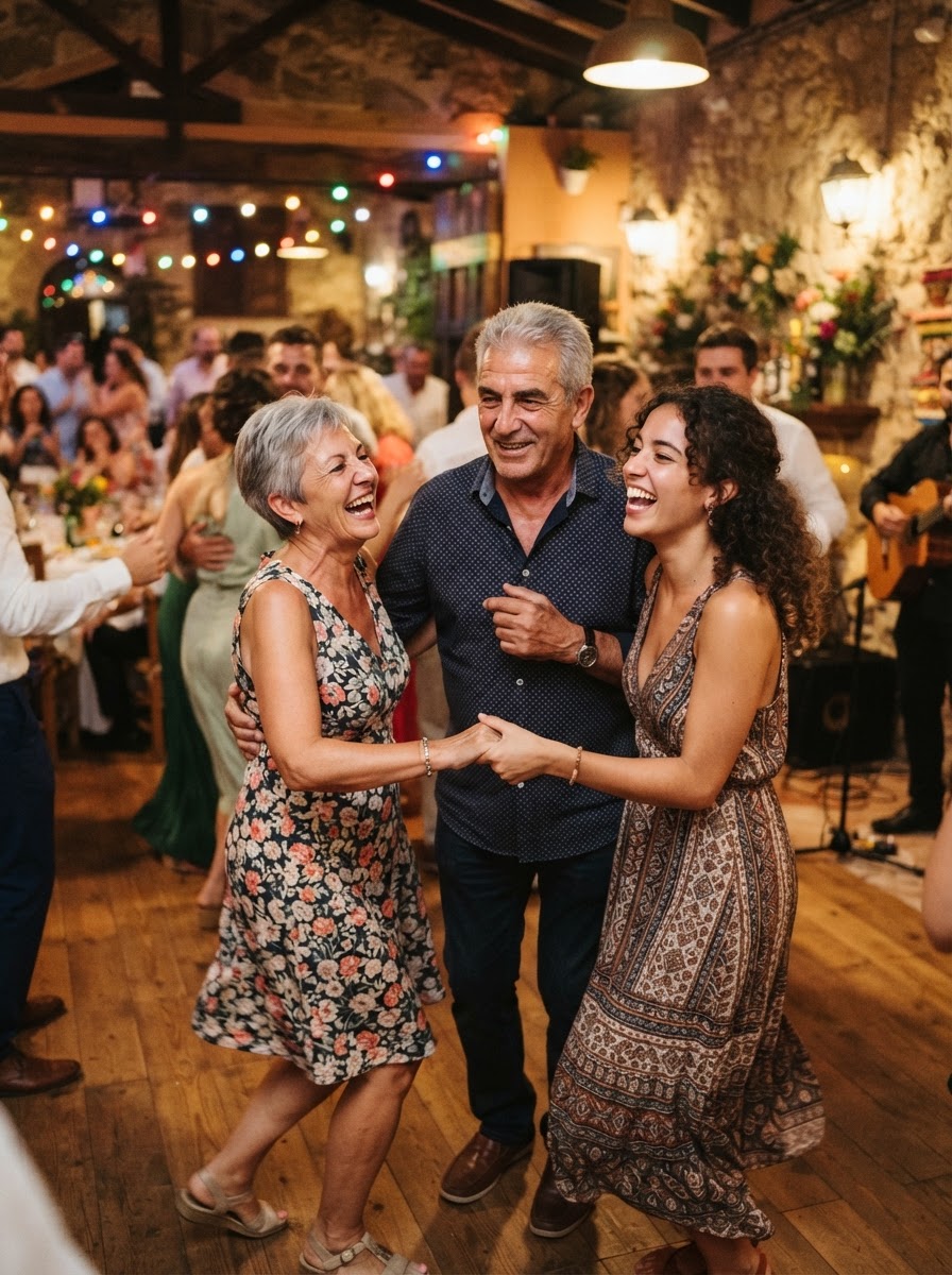 Familiares bailando y riendo en una celebración privada en España