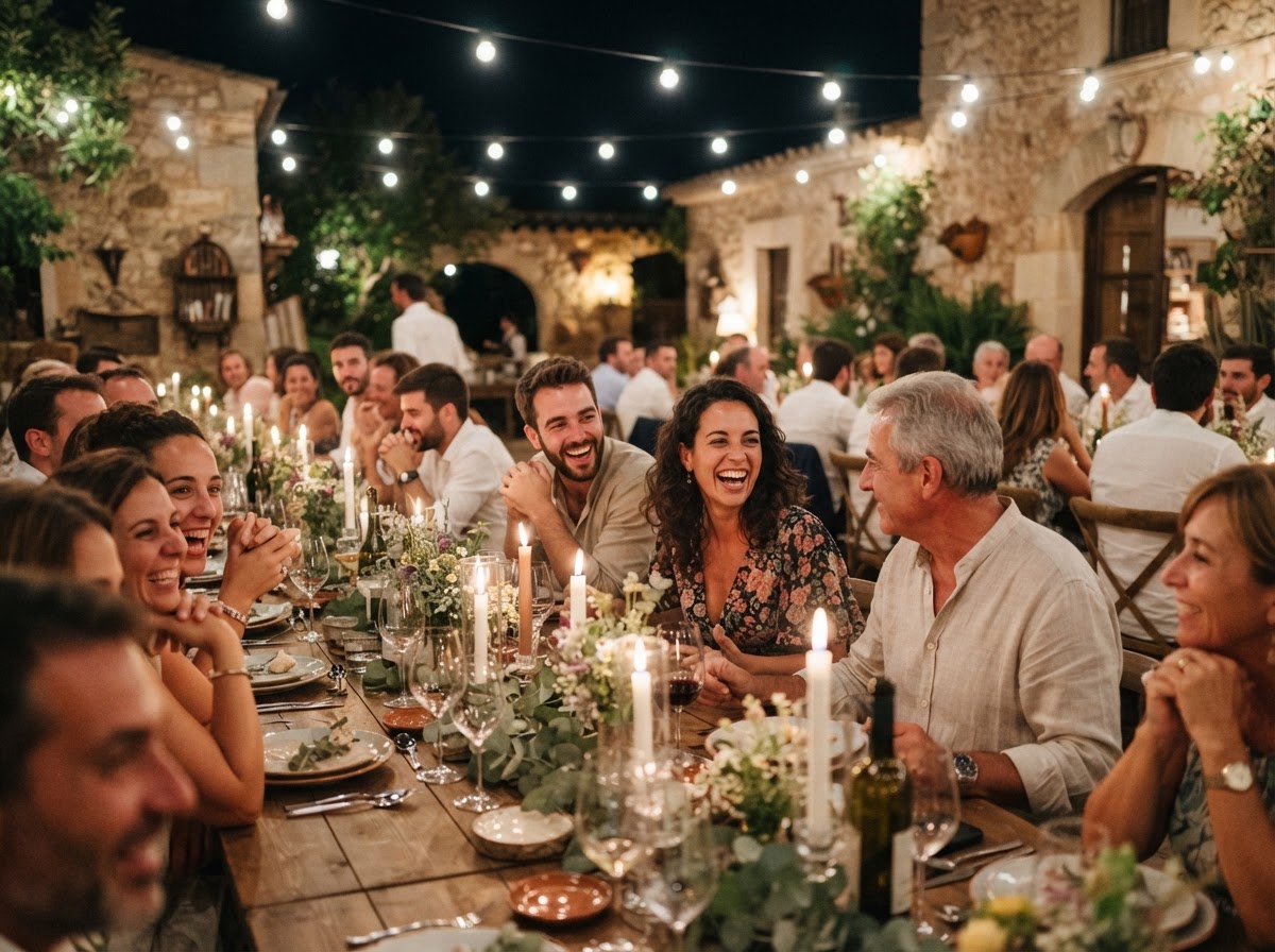 Mesa de cena con velas en una finca para bodas en España