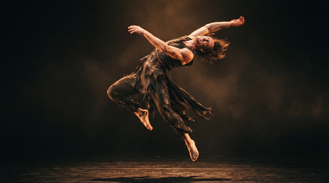 Physical theatre performer mid-movement under warm stage light