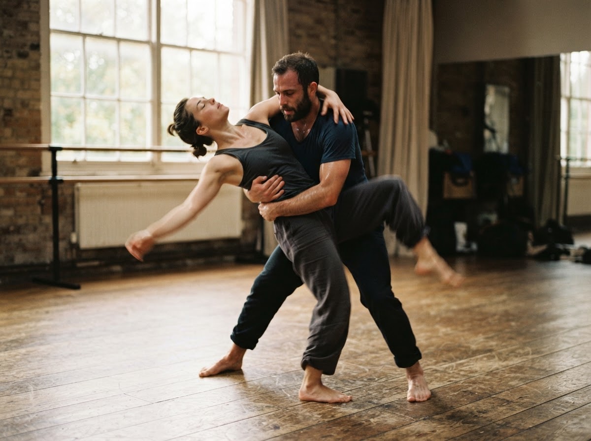 Two physical theatre dancers rehearsing together in a studio