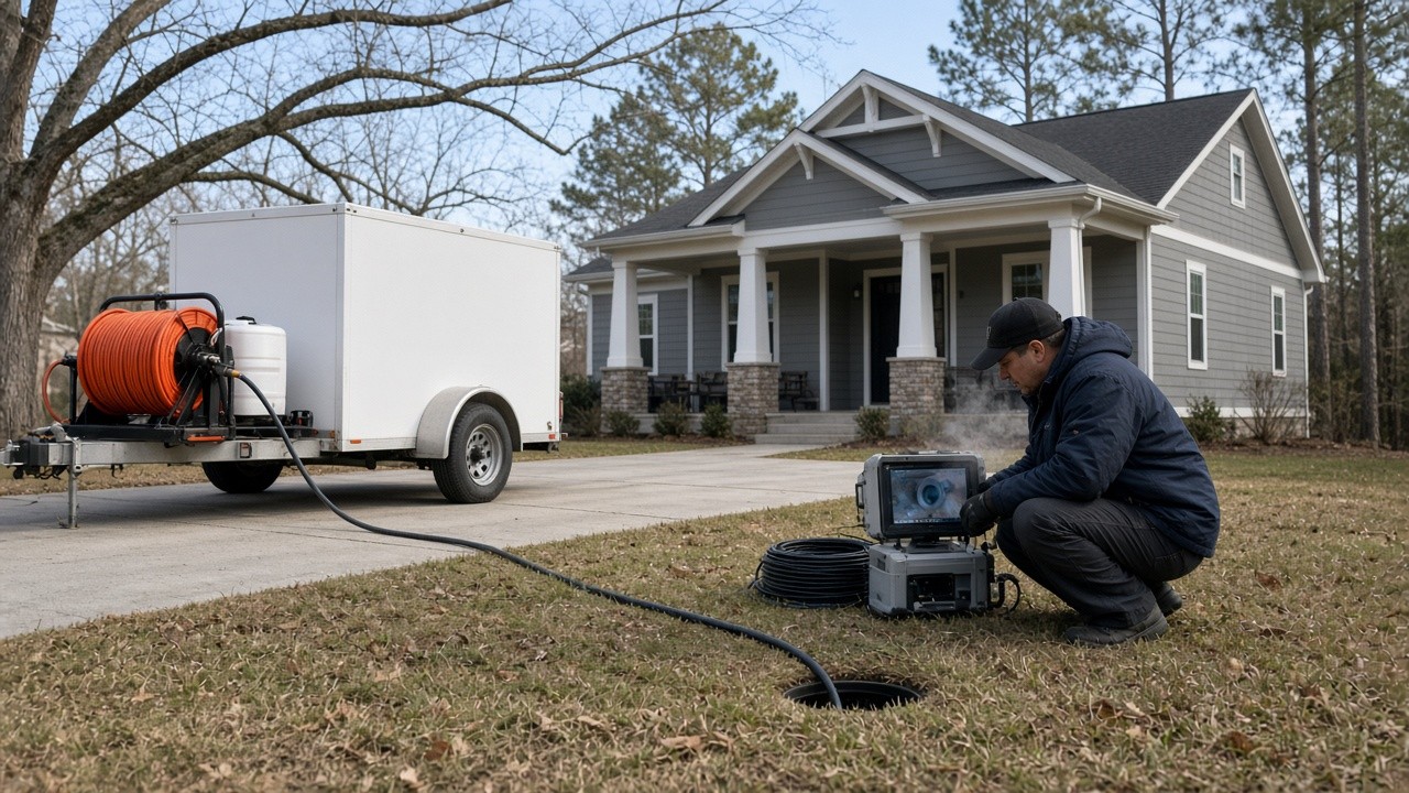 Sewer camera monitor beside an open cleanout and a jetter trailer
