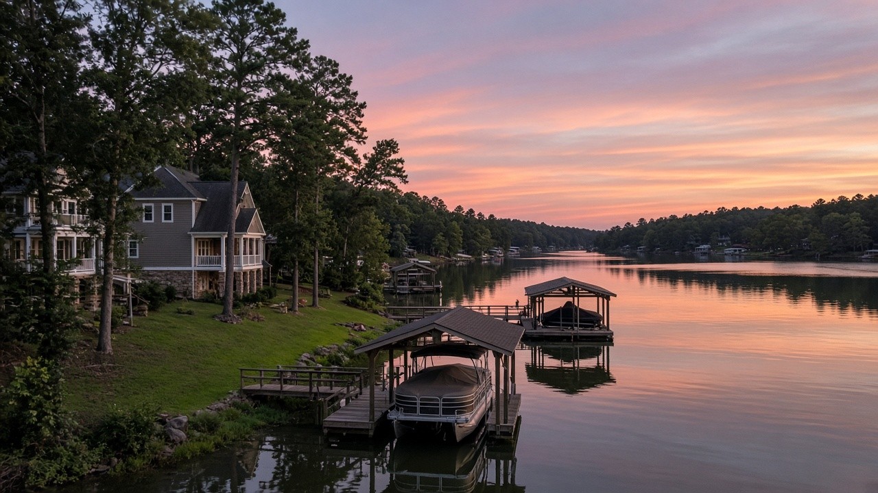 Boat docks and lakeside homes in Tega Cay, SC