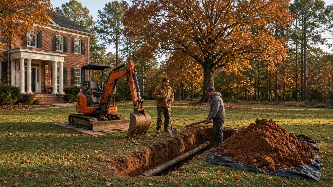 Workers and a mini excavator opening a red clay trench to an old sewer pipe beside a brick home, sewer line repair in Fort Mill, SC