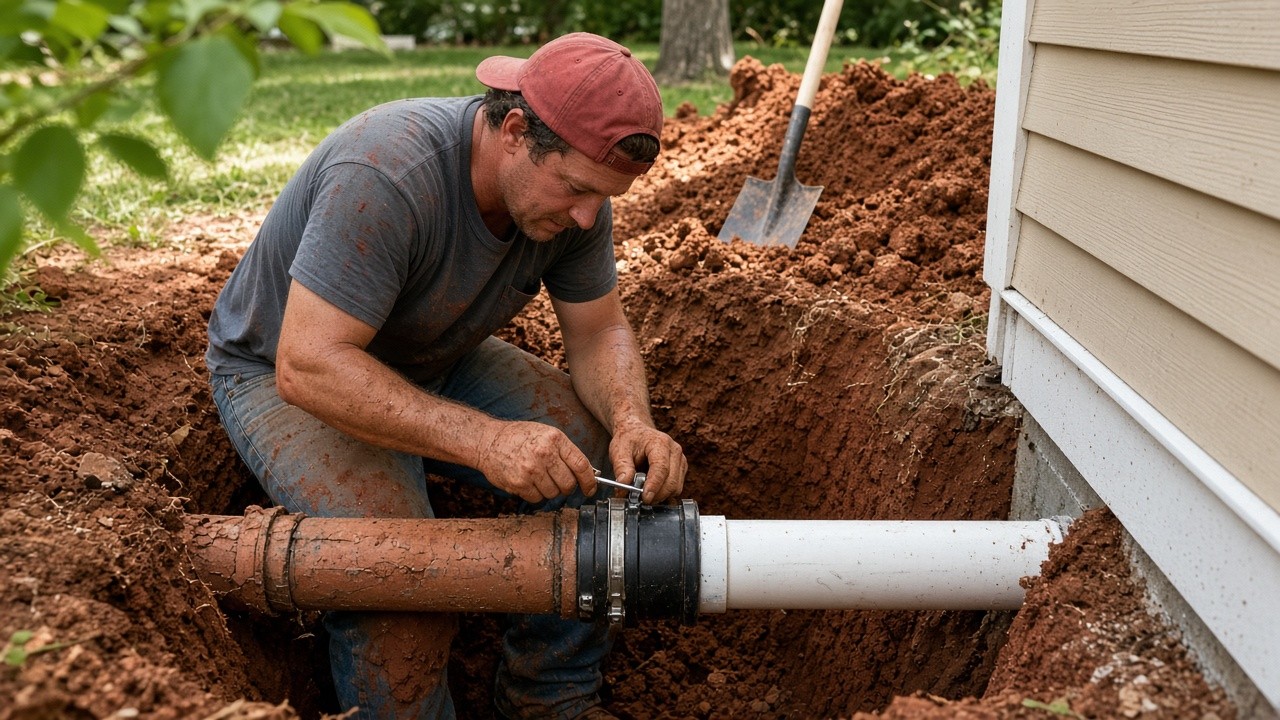 Old clay sewer pipe joined to new PVC in a red clay excavation