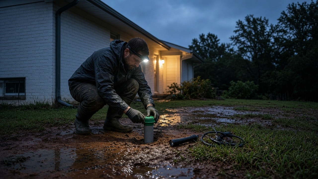 Outdoor sewer cleanout in a wet yard at dusk