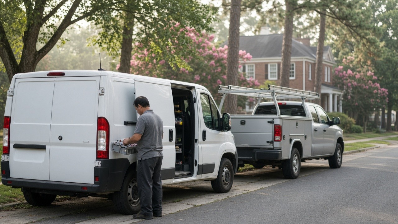 Service van and utility pickup parked on a tree-lined street with crape myrtles near Fort Mill, SC