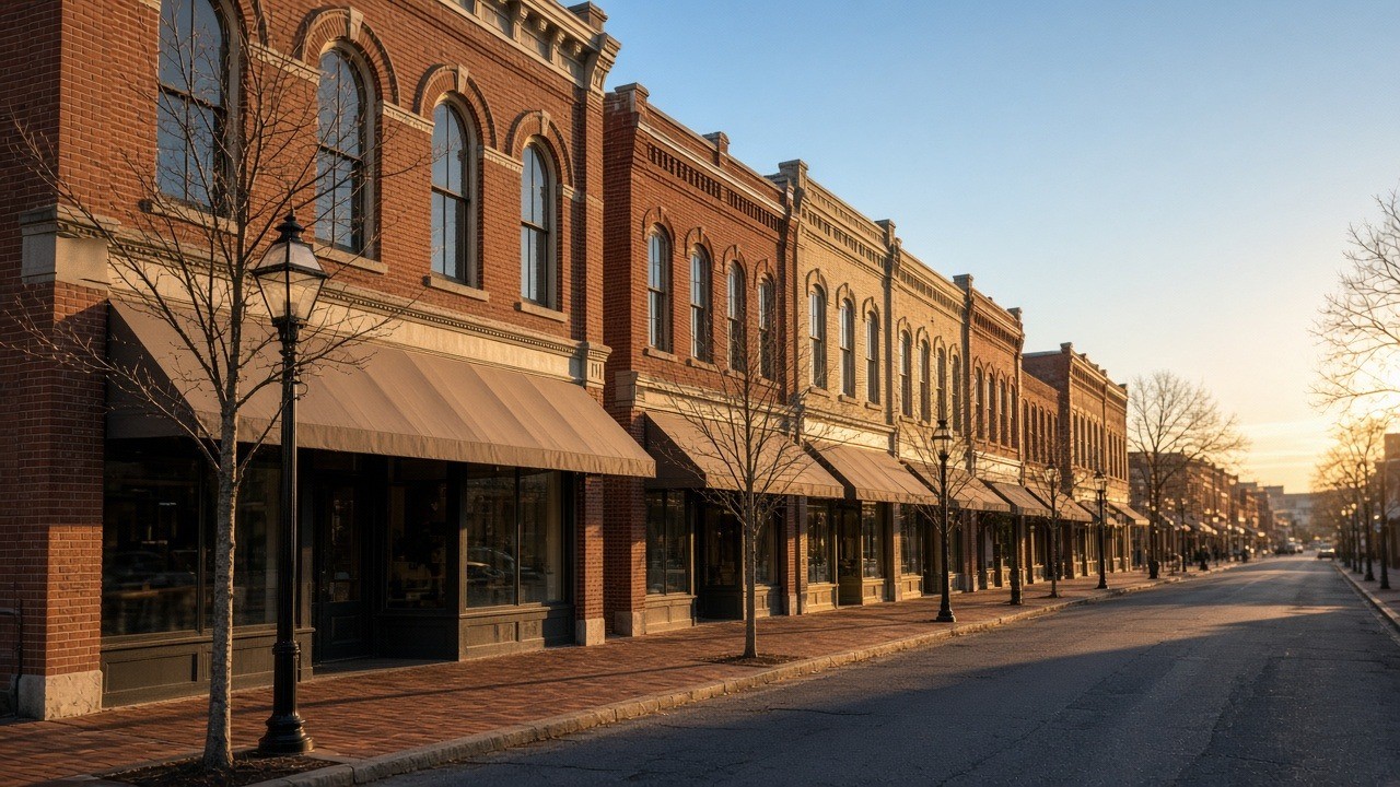 Historic brick storefronts in downtown Rock Hill, SC