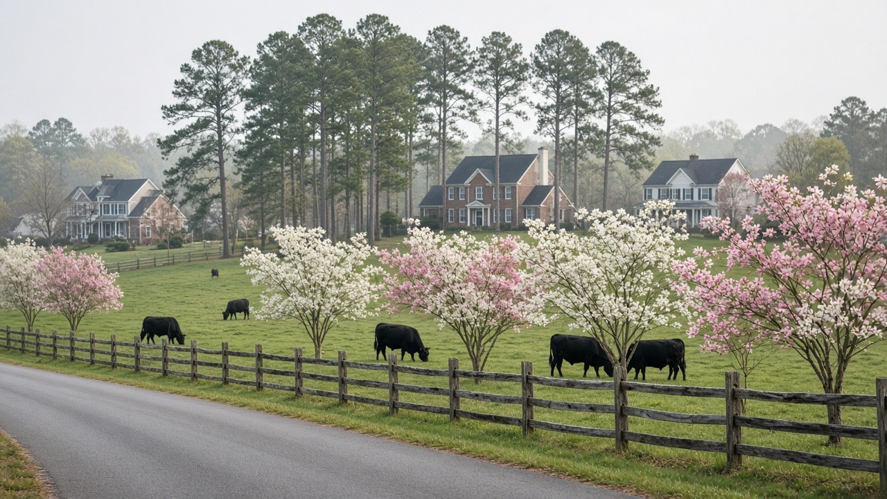 Country road past a fenced pasture with grazing cattle, blooming dogwoods and brick homes under tall pines around Fort Mill, SC