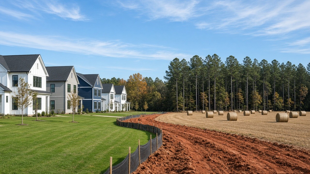 New homes next to a hay field in Indian Land, SC