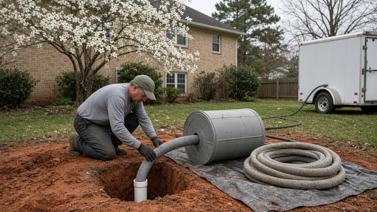 Trenchless sewer liner going into a small access pit in red clay