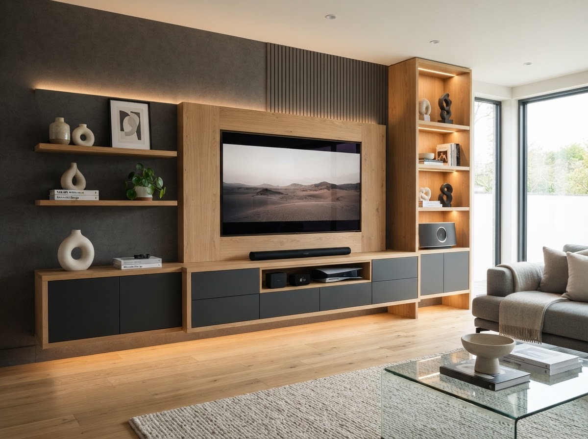 Custom Media Wall with Built-In Shelving