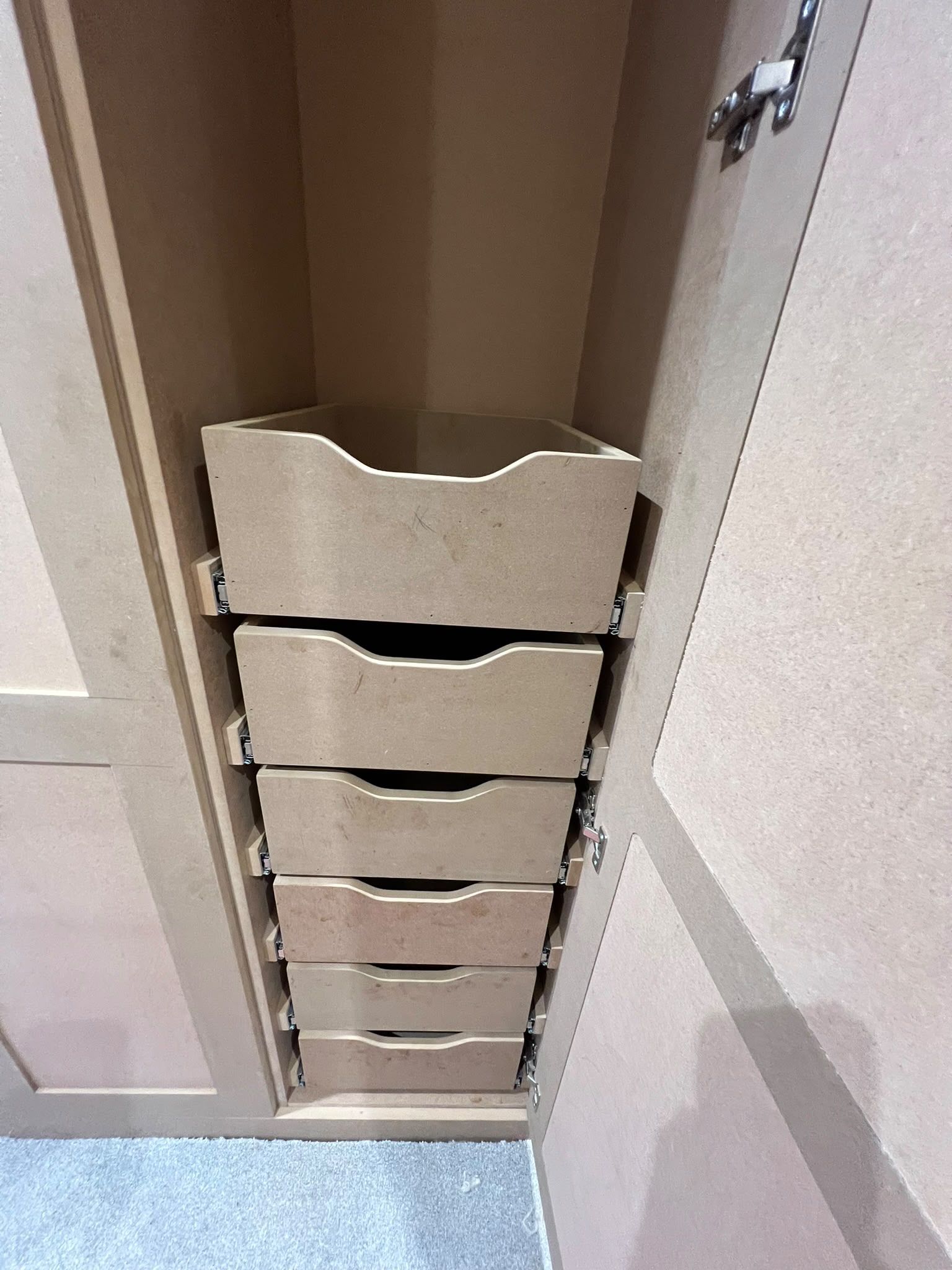 Handmade angled corner larder drawers — Romsey