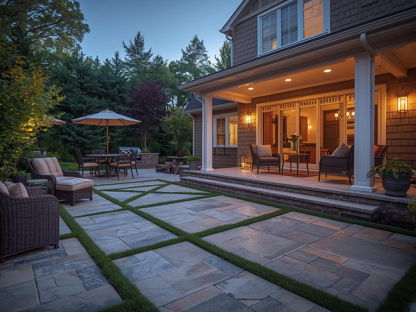 Stone patio with an outdoor living area behind a home