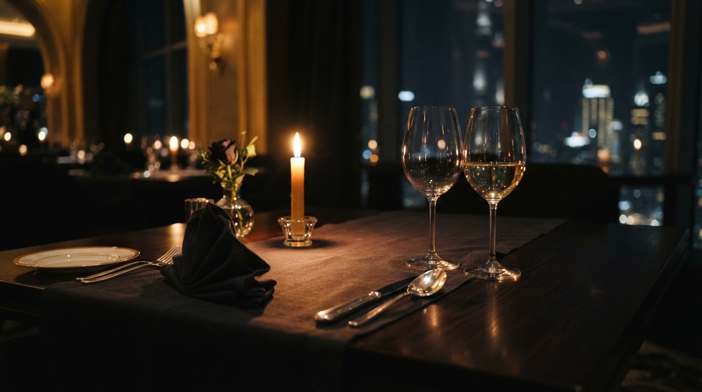 A candlelit fine-dining table set with crystal and polished cutlery