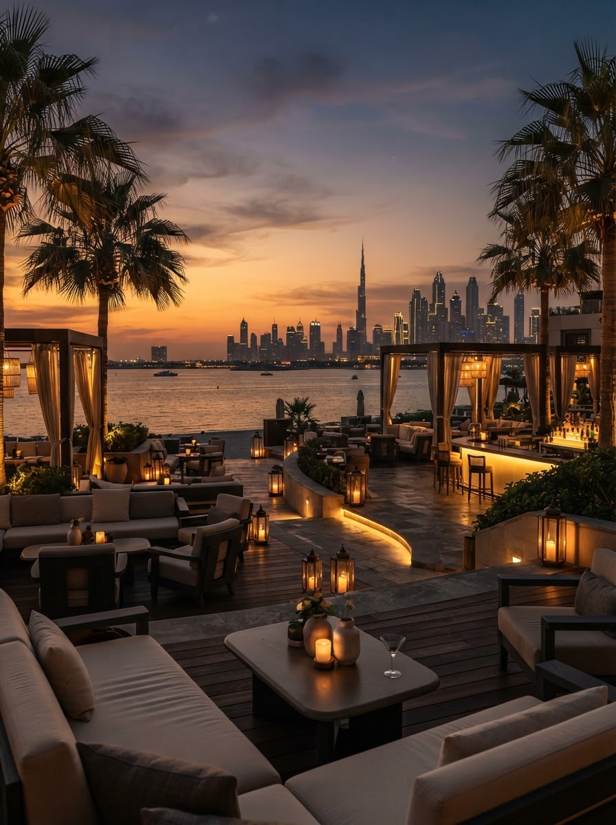 A Dubai beach club and fine-dining terrace at dusk overlooking the Gulf