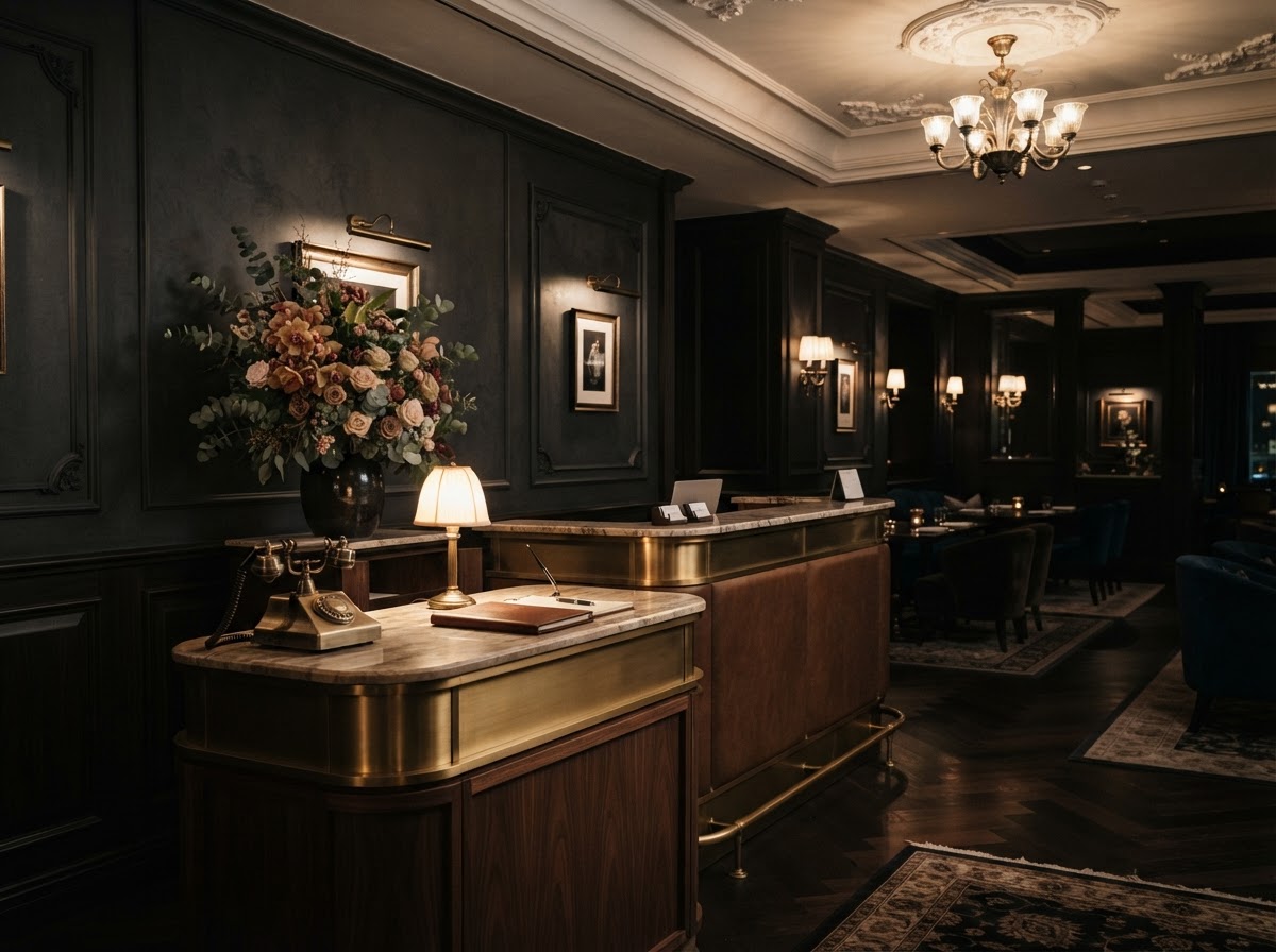 An elegantly lit restaurant host stand with warm brass and a telephone