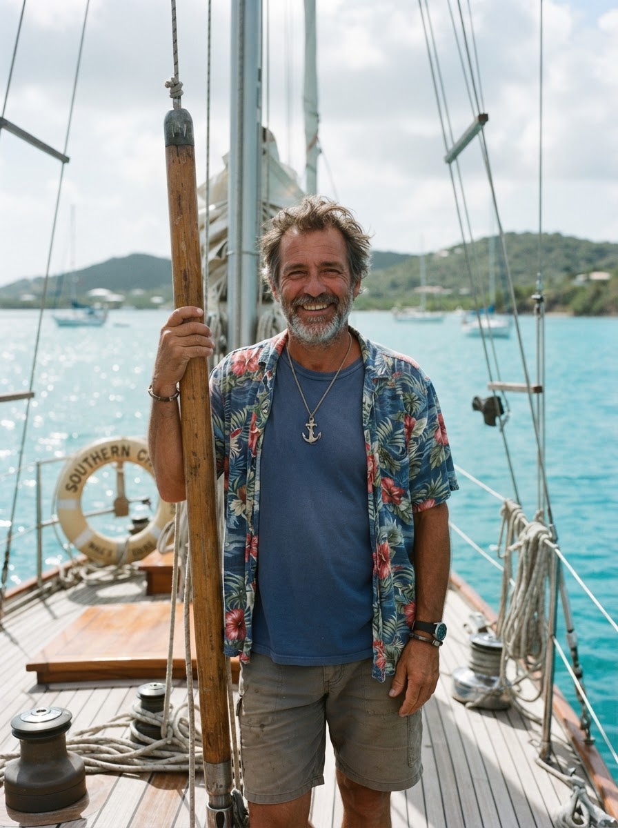 The captain of Just Today Sailing Charters on deck off Vieques
