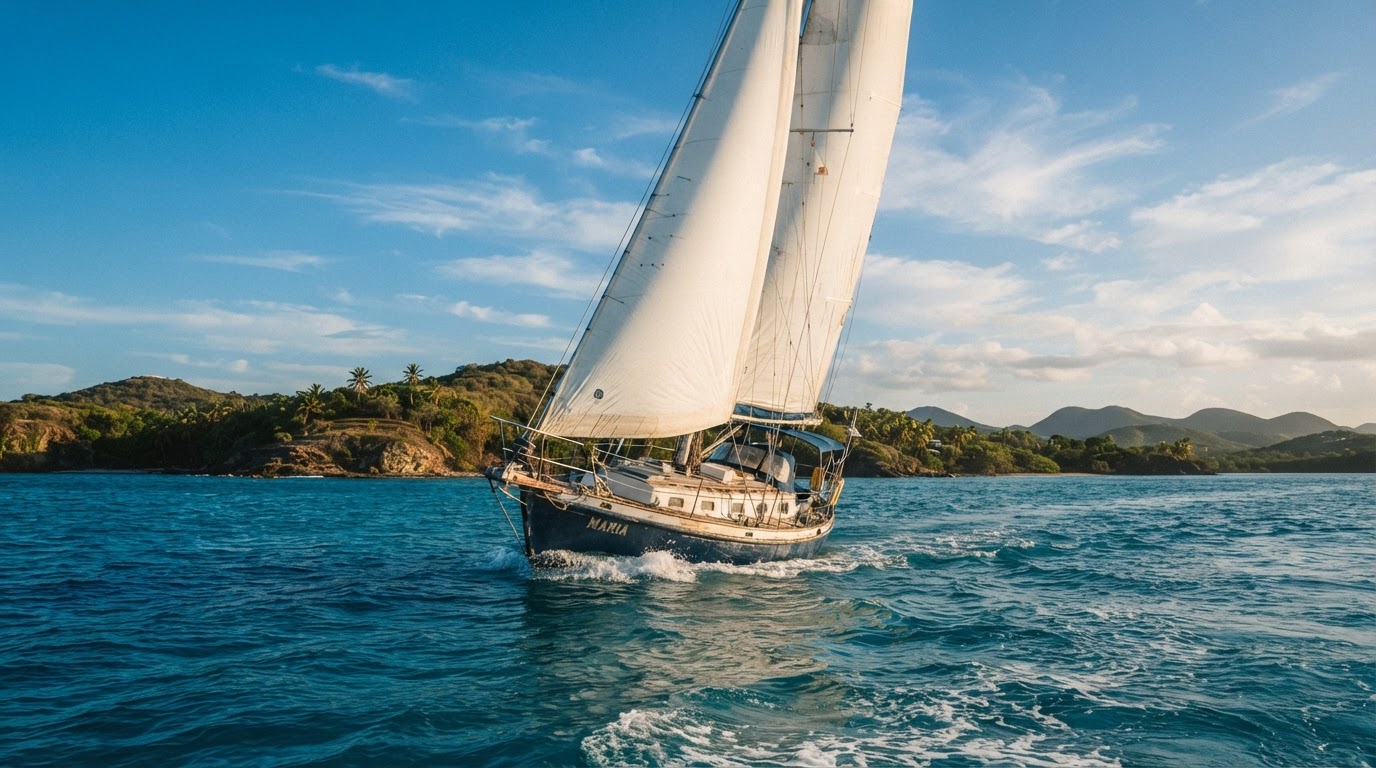 A classic sailboat under full sail on turquoise Caribbean water off Vieques, Puerto Rico