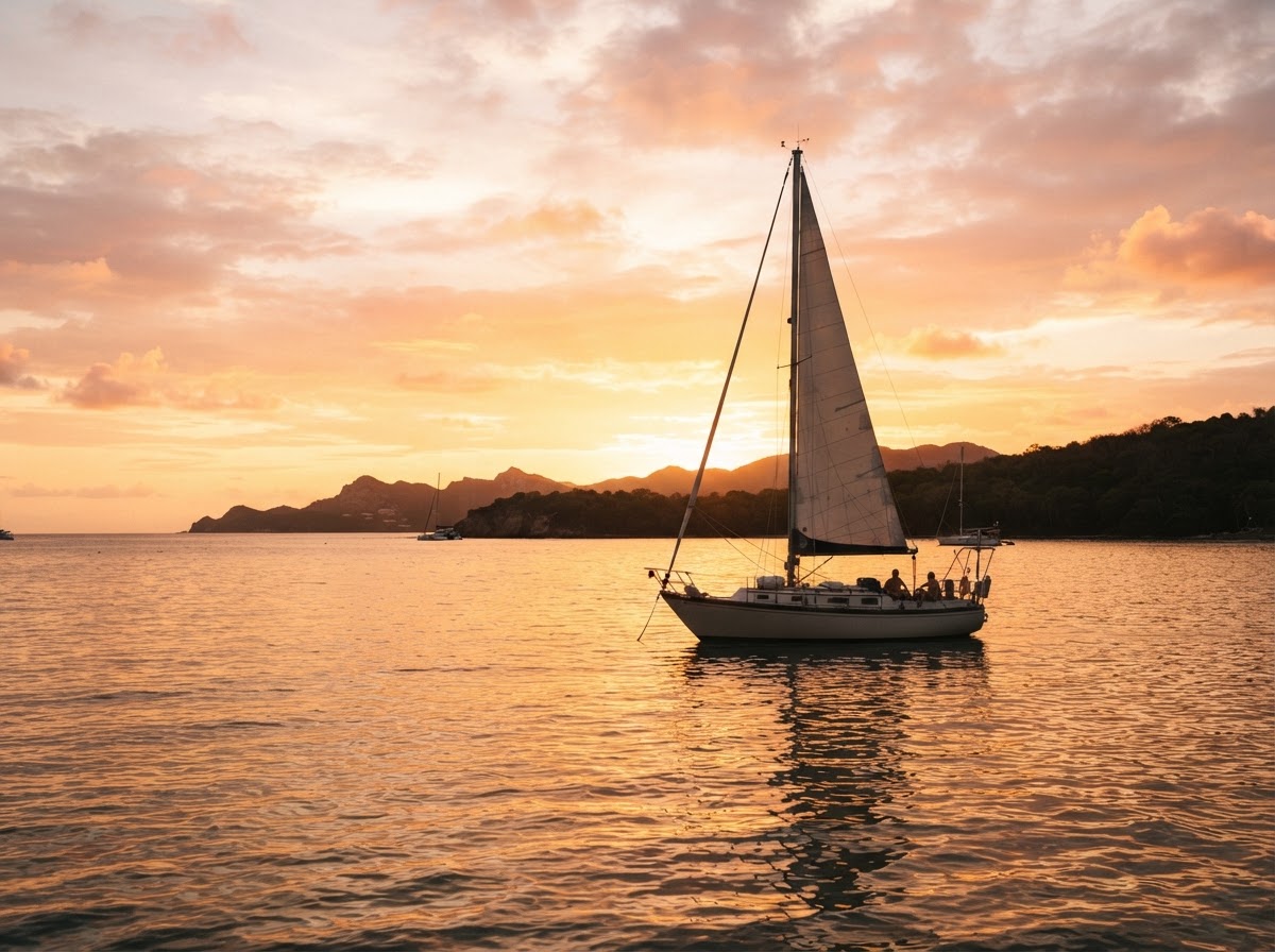 A sailboat at golden hour off Vieques, warm light on calm Caribbean water