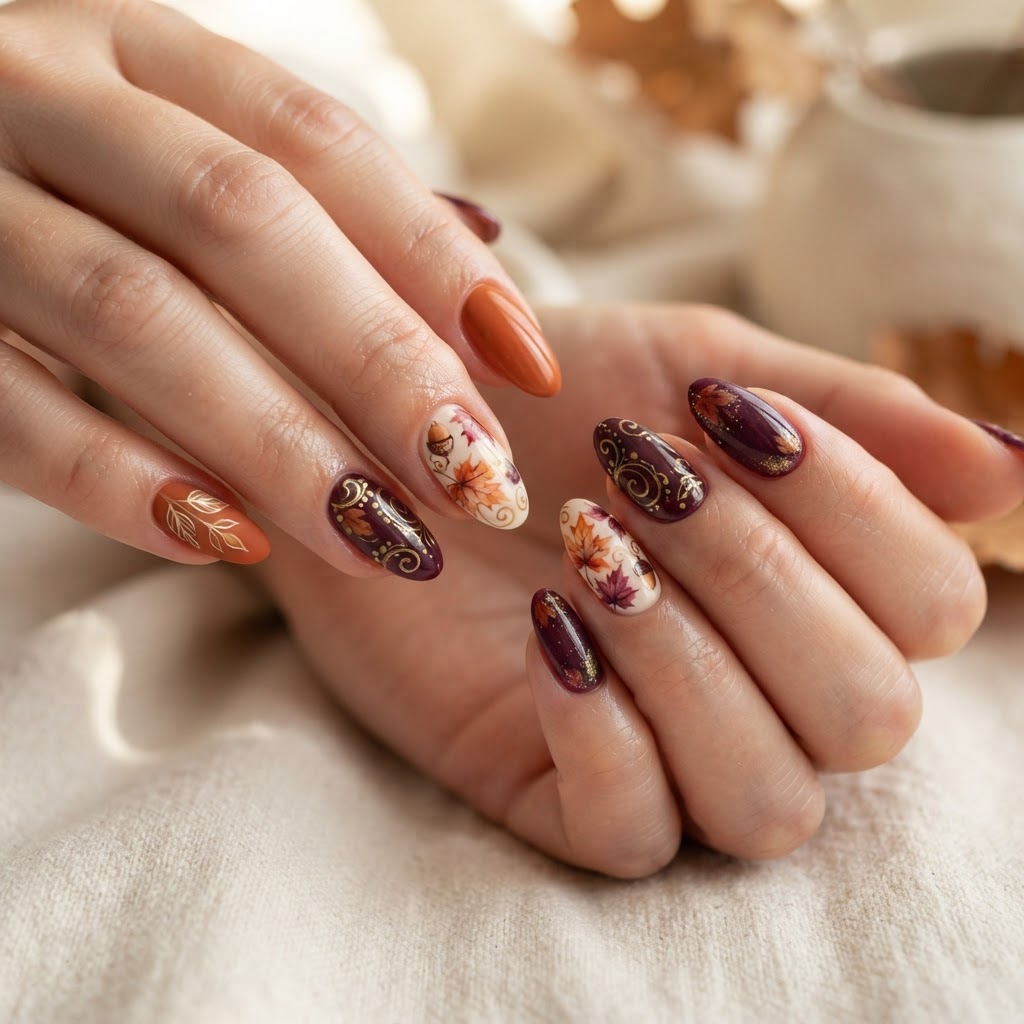 Autumn-inspired nail art in burnt orange, deep plum and cream tones
