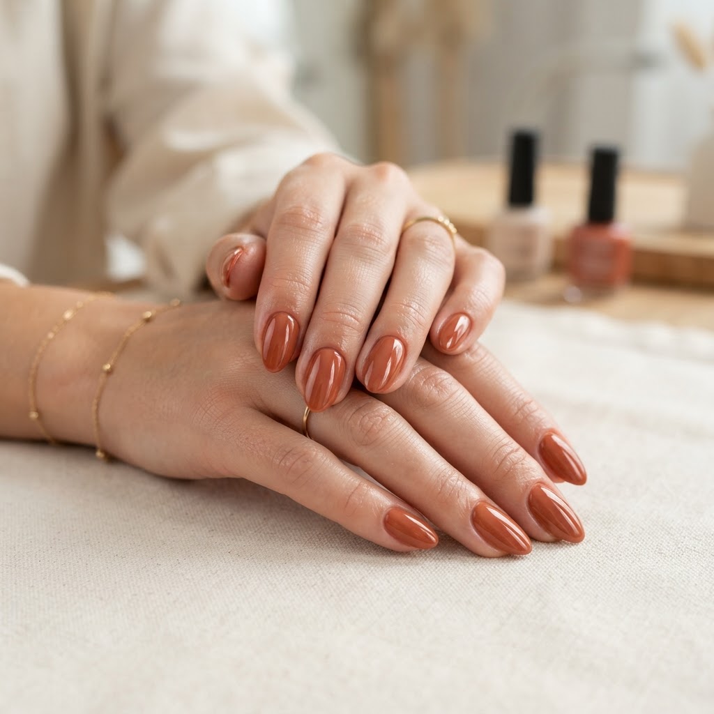 Glossy gel manicure in warm terracotta on short natural nails
