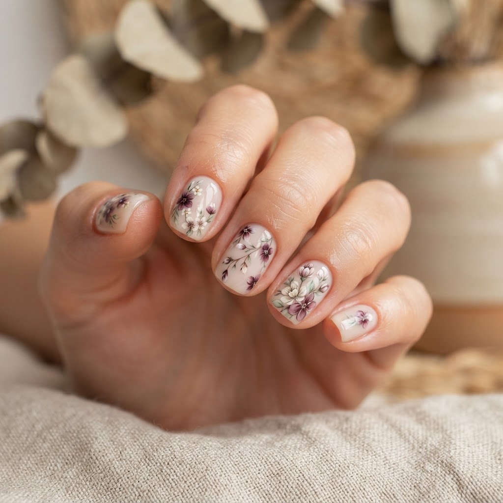 Hand-painted floral nail art in muted plum and ivory on short nails