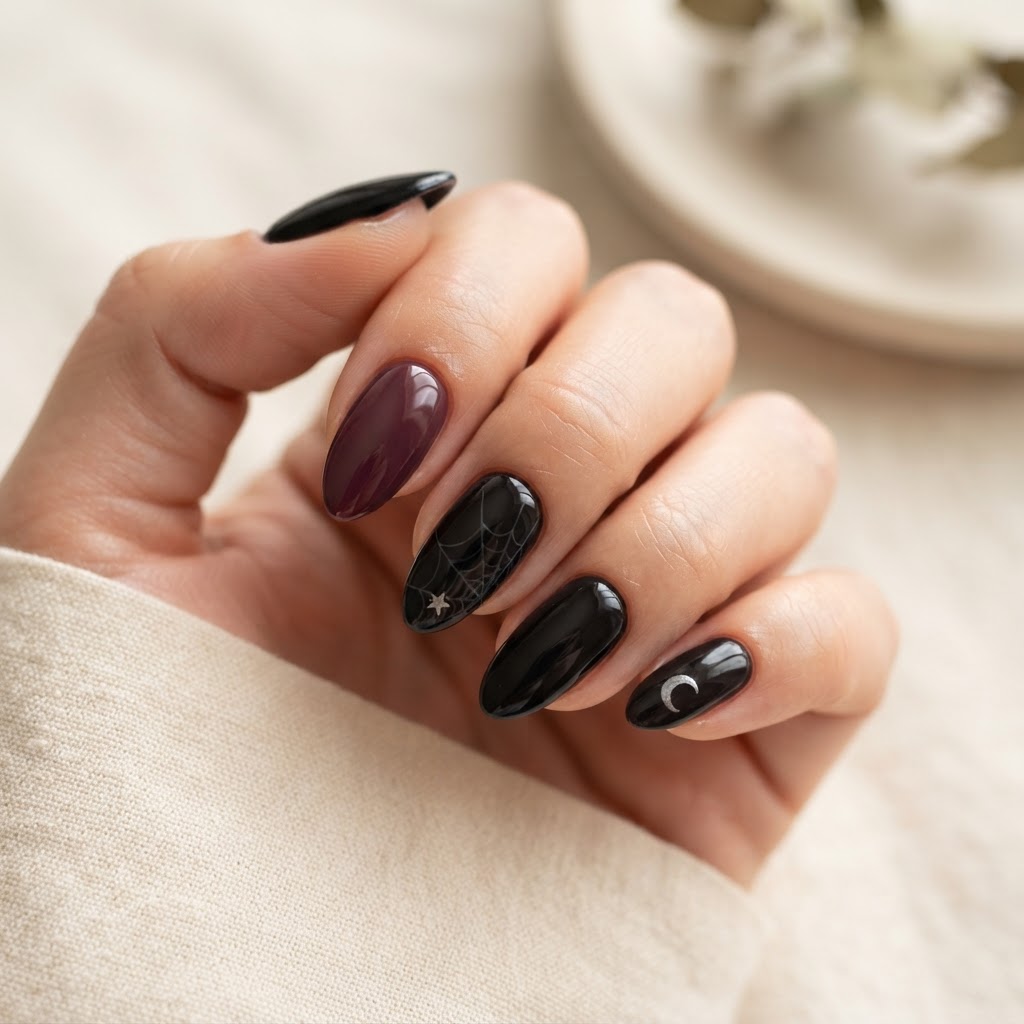 Tasteful Halloween nail art with subtle spiderweb and moon motifs