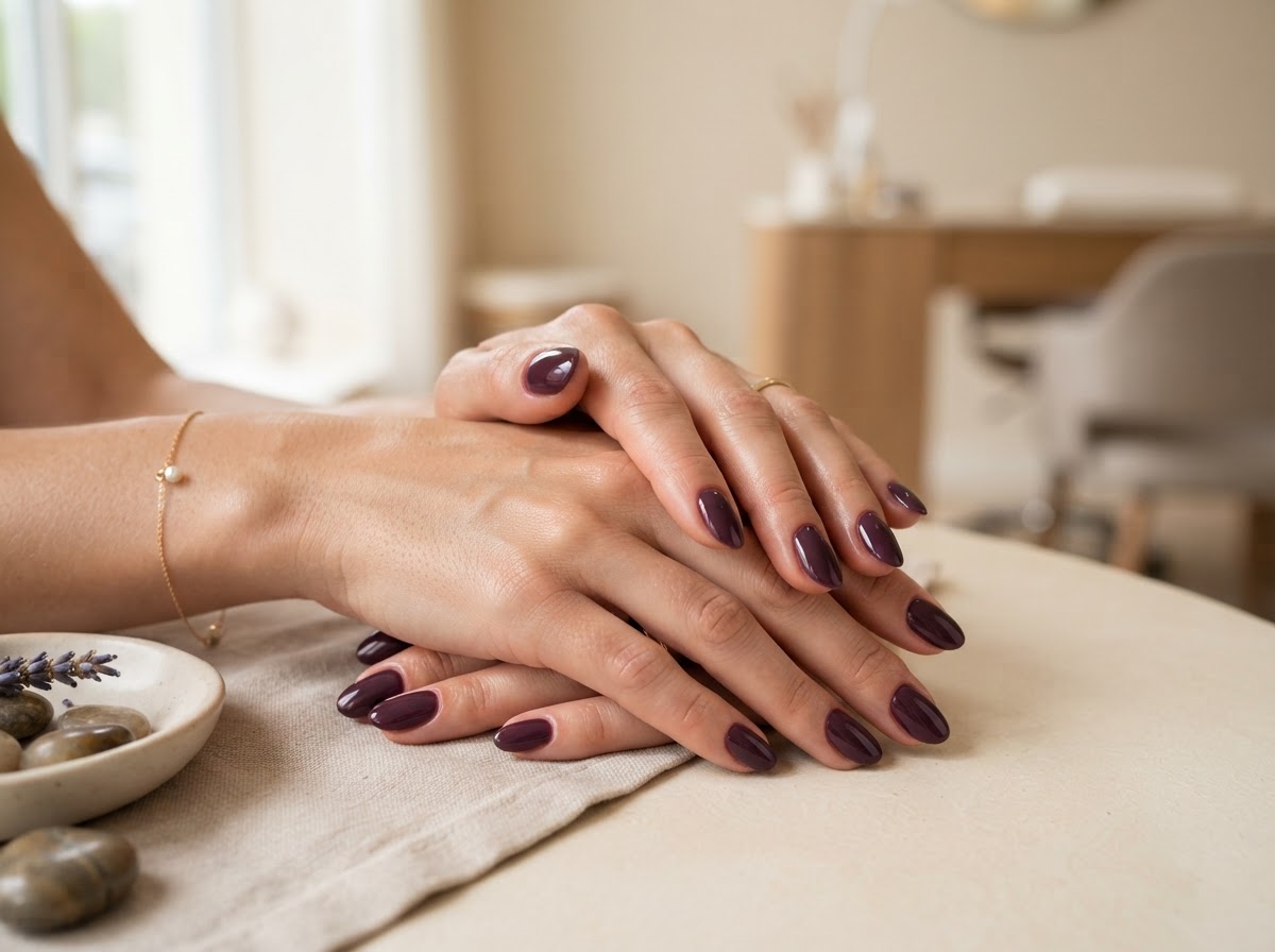A woman's hands resting elegantly, showing a flawless deep plum manicure with a subtle glossy finish