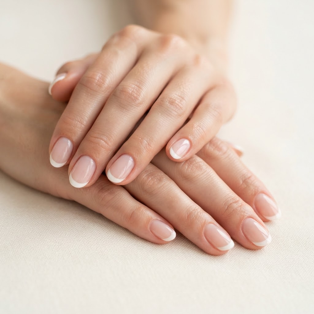 Classic French manicure on relaxed hands with soft white tips