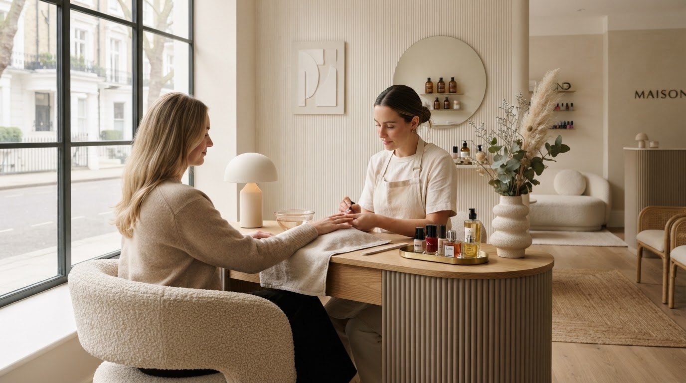 Refined nail studio interior with a manicure table in warm ivory and soft taupe tones