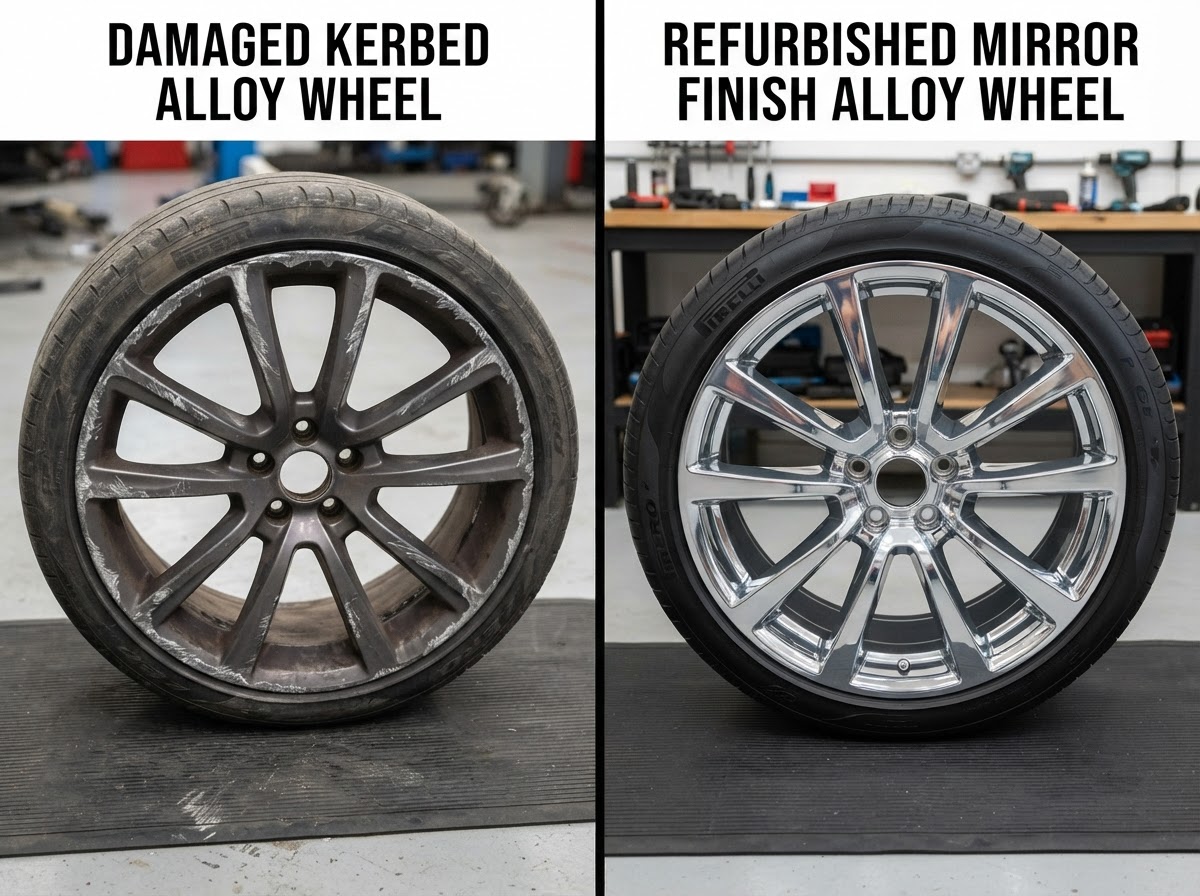 A damaged alloy wheel with kerbing and scuffs before refurbishment
