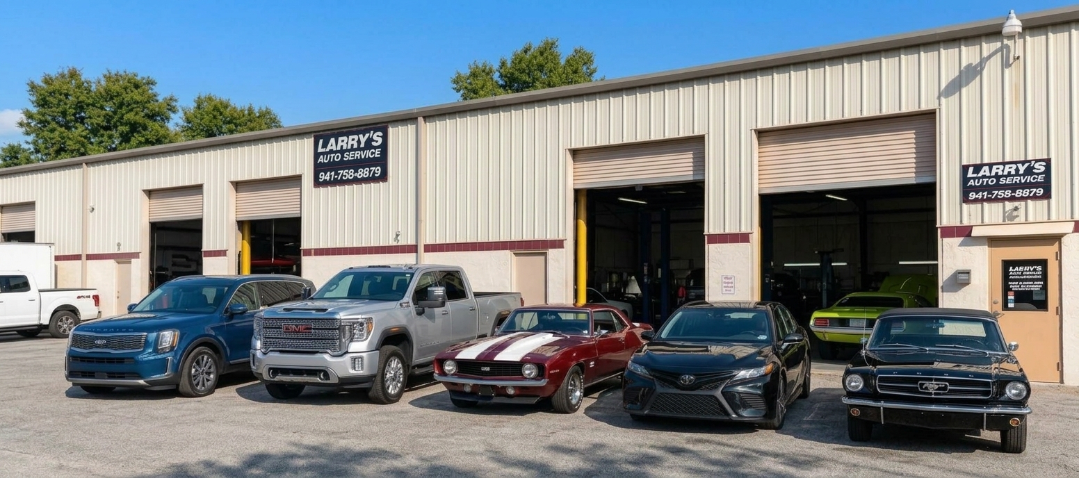 Larry's Auto Service shop exterior with signage and classic convertible in Bradenton, FL