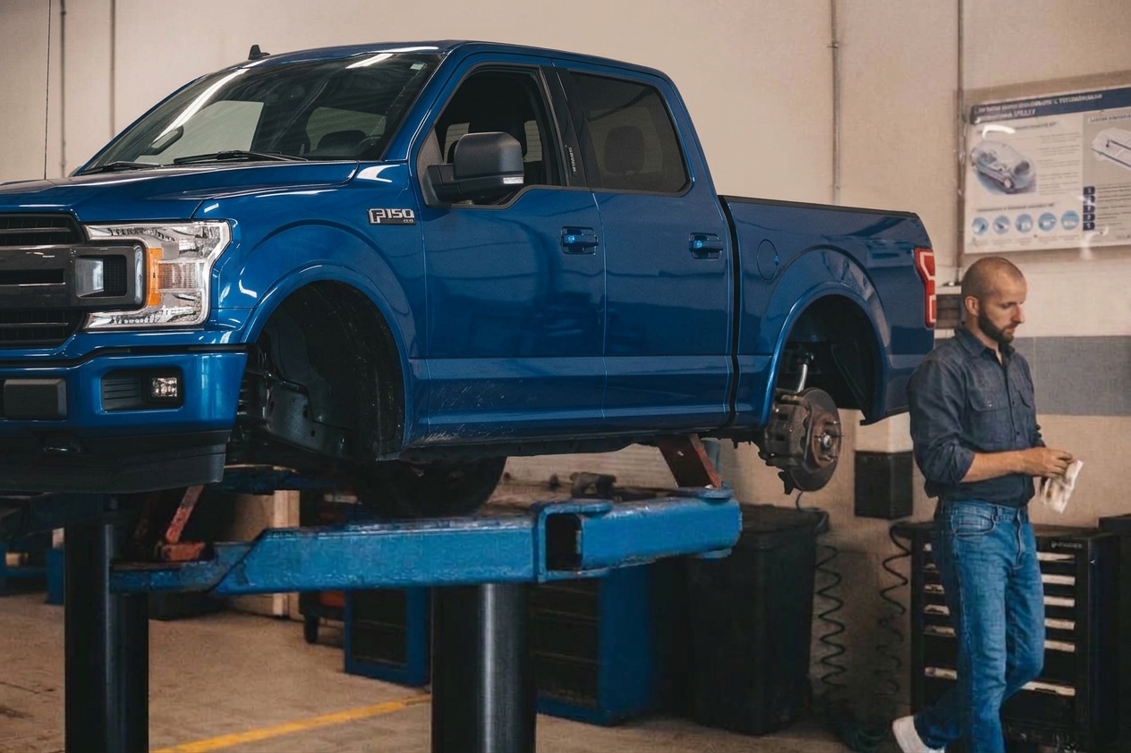 Blue pickup truck on hydraulic service lift inside automotive repair shop bay