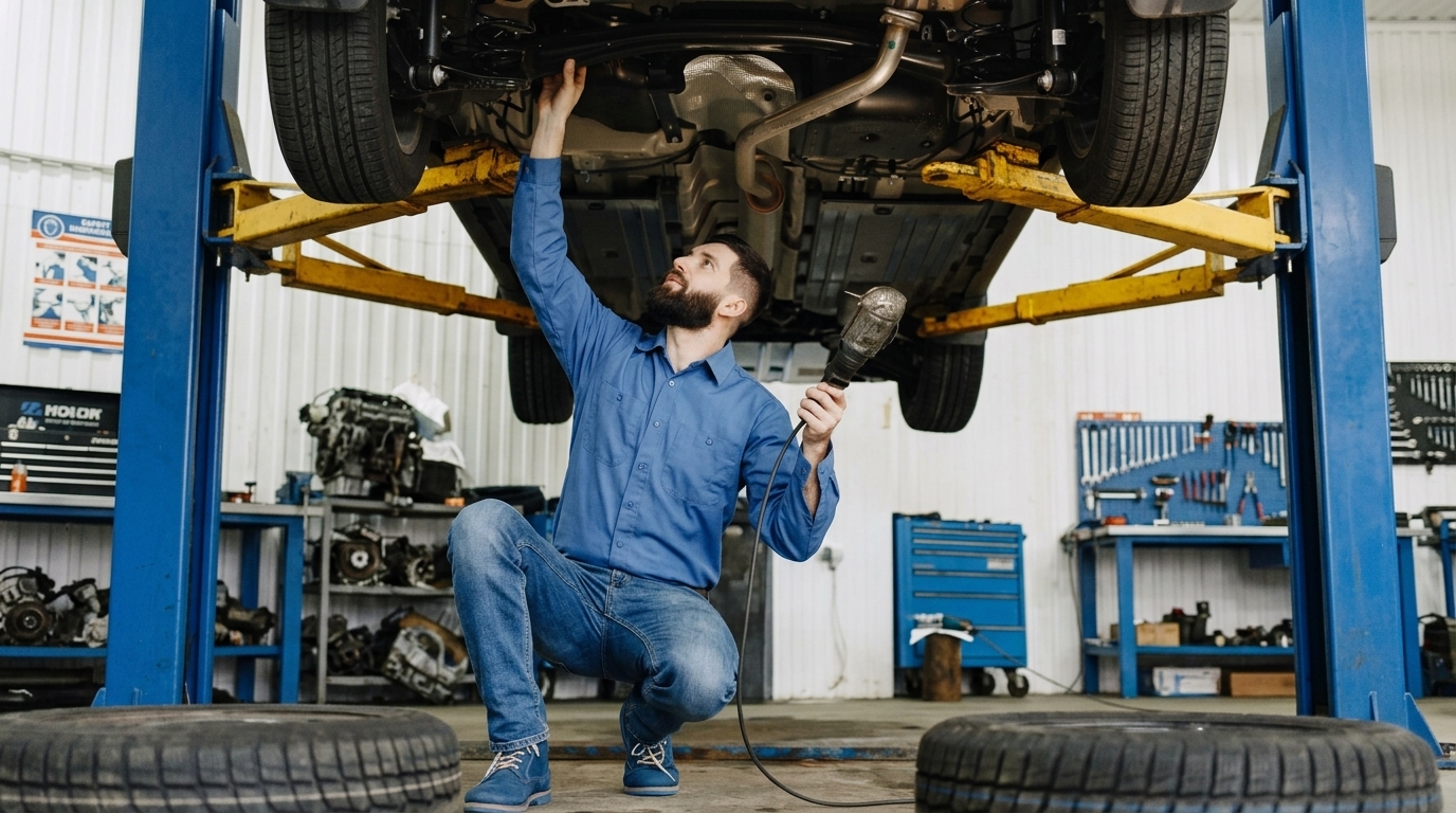 Technician inspecting vehicle on hydraulic lift during maintenance service at Larry's Auto Service