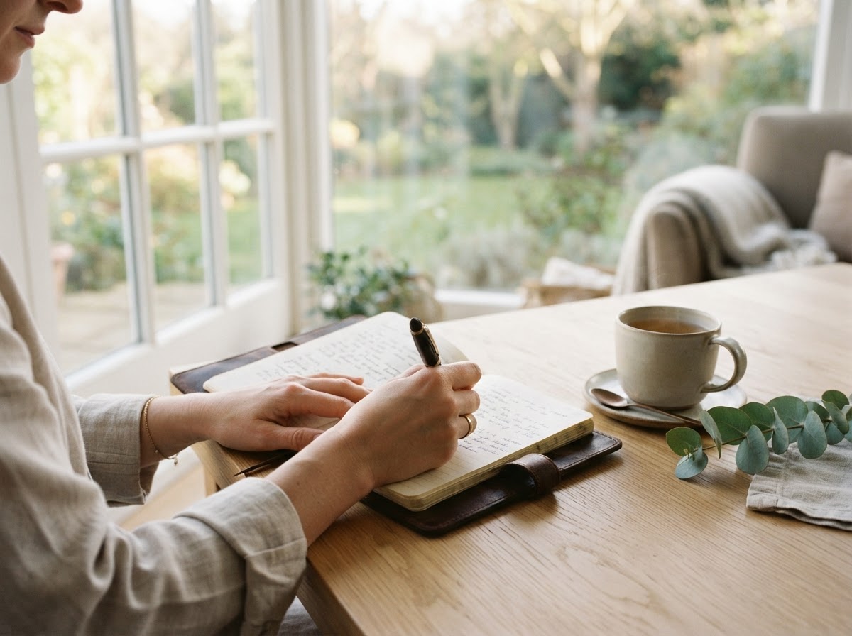 A calm, reflective moment of journaling by a sunlit window, representing personal growth and intention
