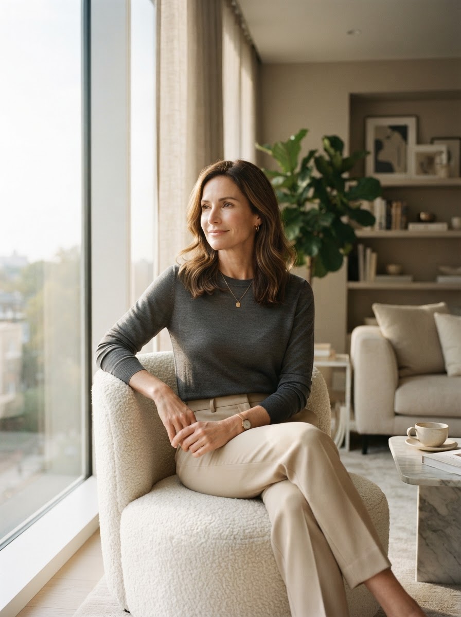 A confident, peaceful woman resting in a naturally lit, elegant space, representing calm and new beginnings