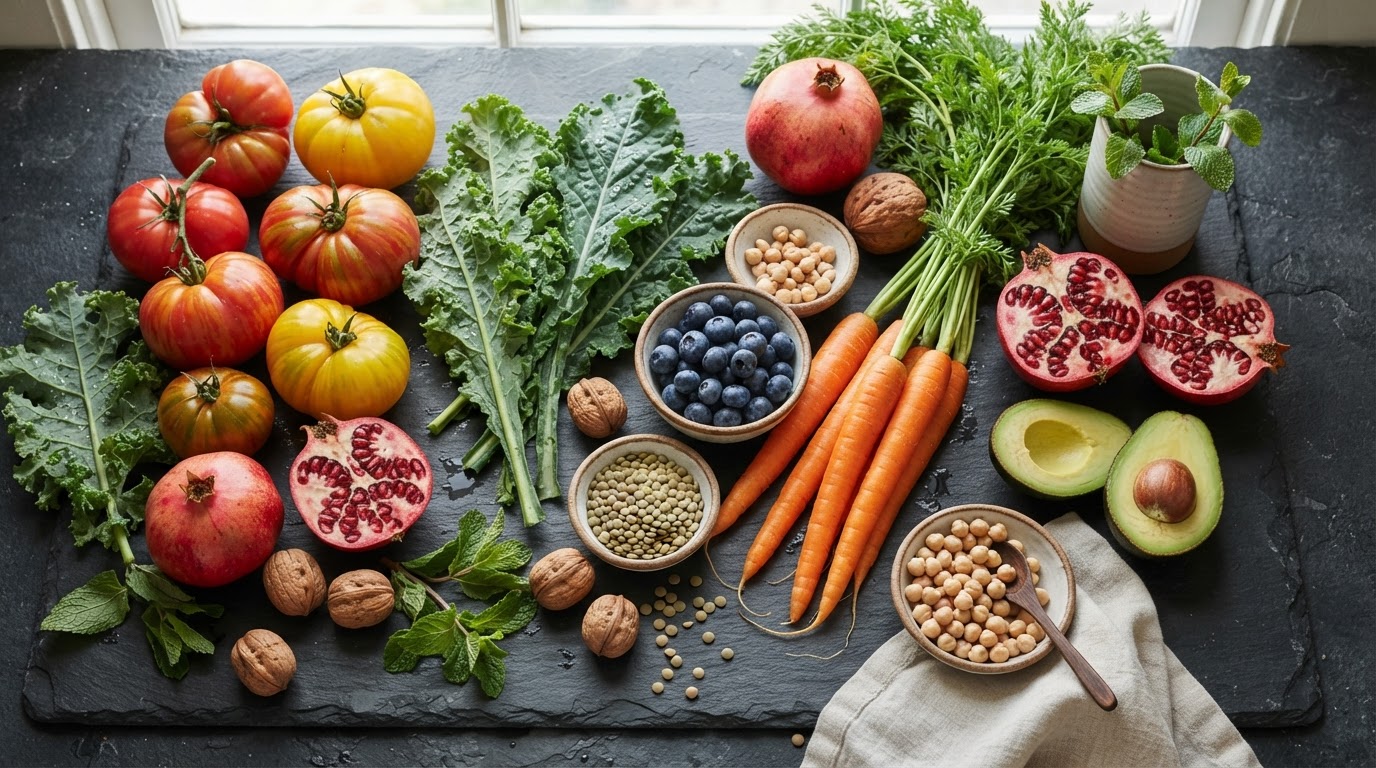 An abundant arrangement of whole plant foods — leafy greens, rainbow vegetables, berries, legumes, and grains on a warm cream surface.