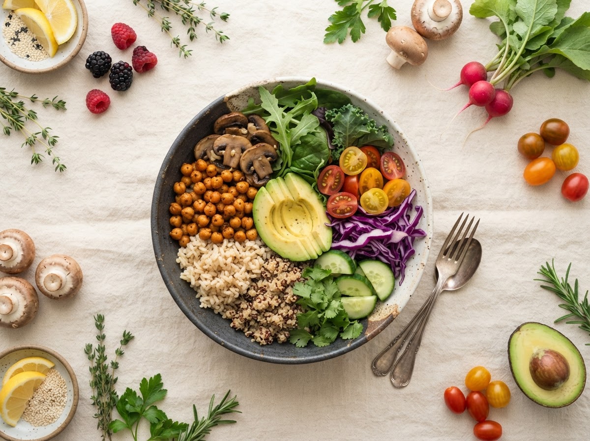 A vibrant whole-food grain bowl — brown rice, roasted chickpeas, sliced avocado, mushrooms, and leafy greens — surrounded by fresh fruits and whole vegetables, with no oils or added sugars.
