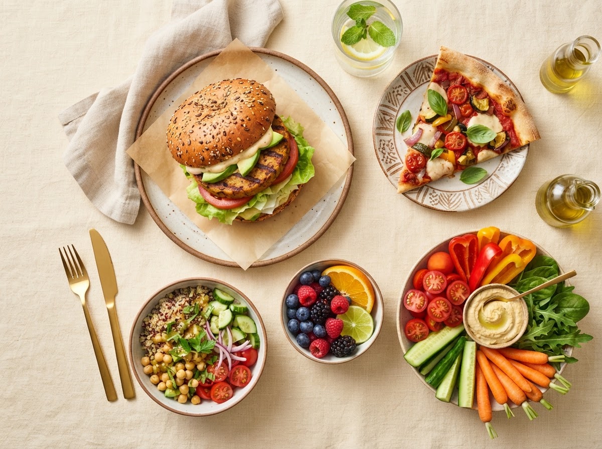 A vibrant plant-based spread with no animal products — a vegan burger, a slice of vegan pizza, fresh vegetables, and fruit on a cream linen surface.