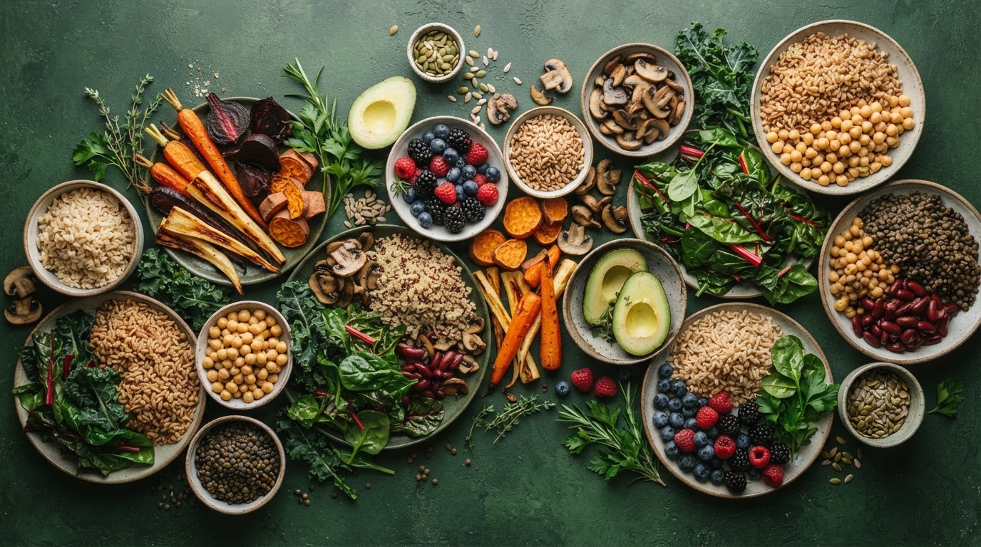 A vibrant spread of whole plant foods — roasted vegetables, leafy greens, legumes, berries, and grains on a deep green surface.