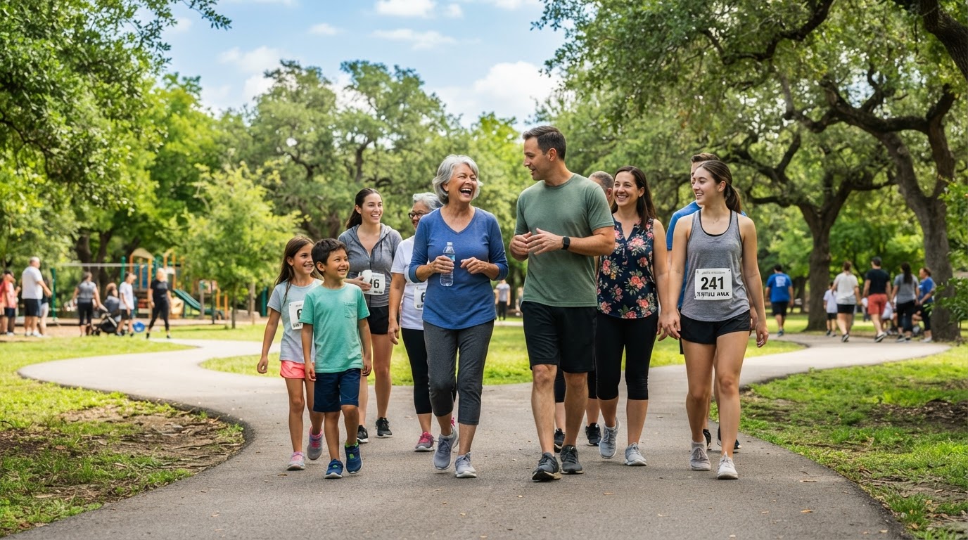 A group of friends and family walking together on a paved trail through a green park.