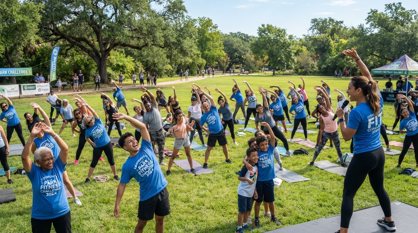 A diverse group of community members exercising together outdoors in a local park.