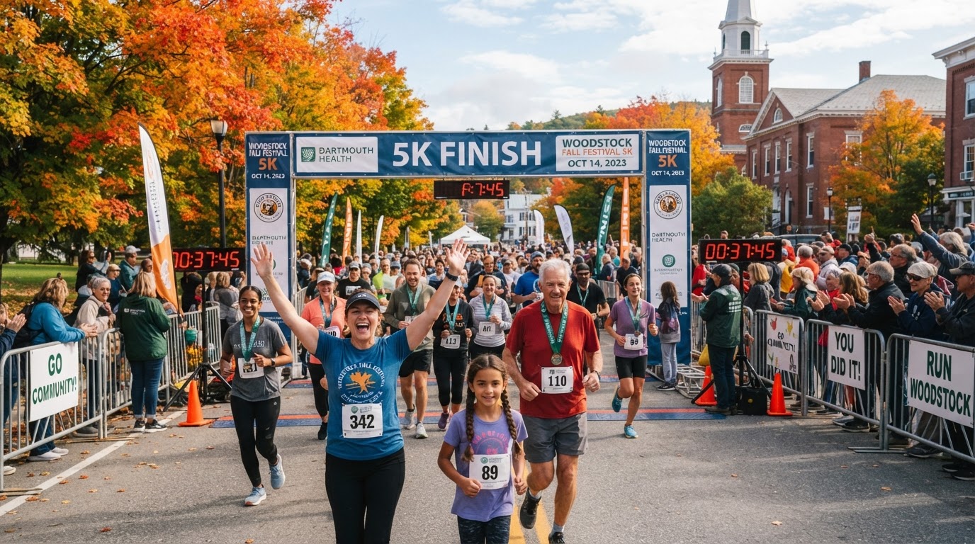 Runners and walkers crossing the finish line at a fall community 5K in a New England town.
