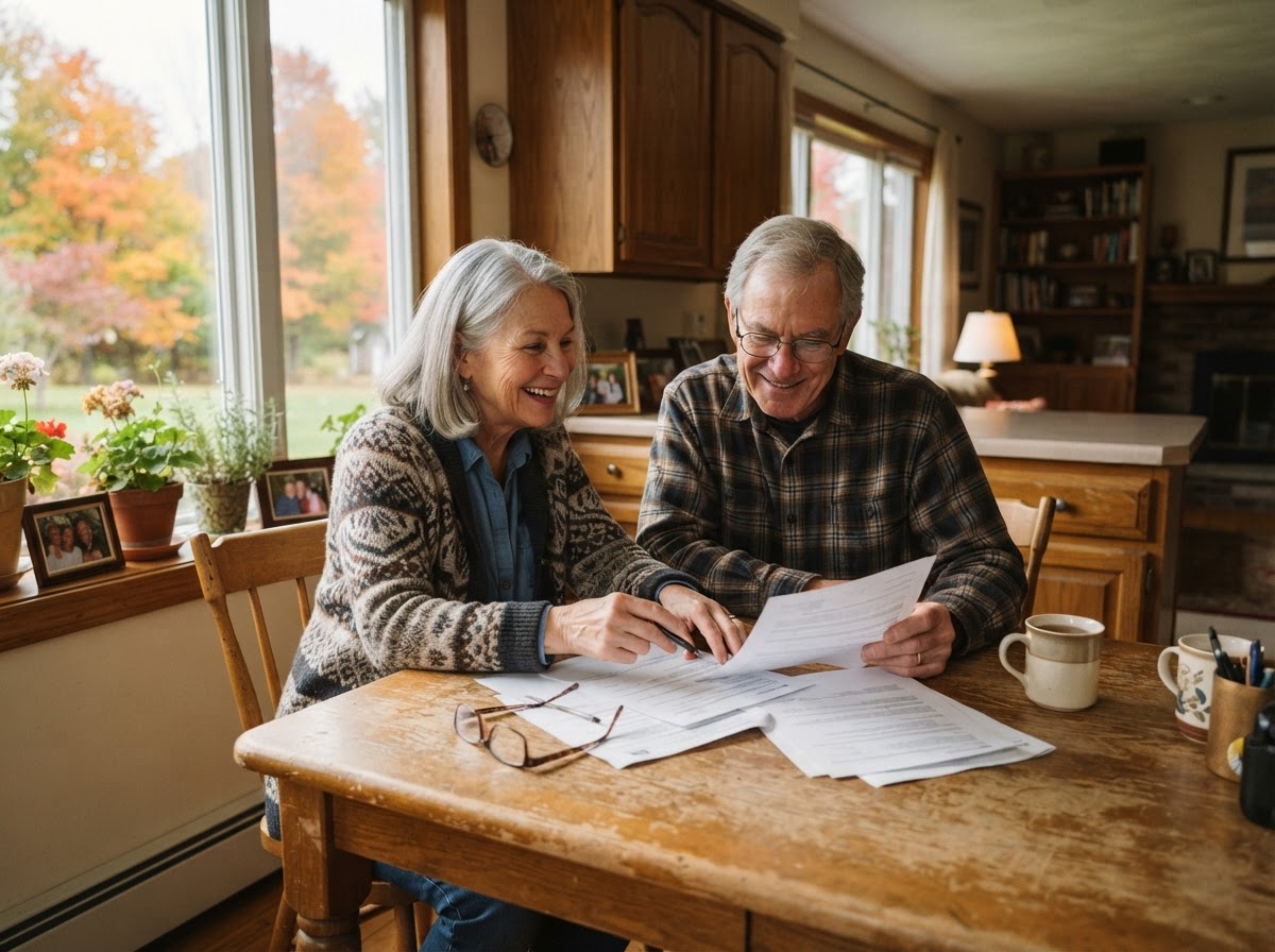 An older couple sits together at a kitchen table in their Central New York home, calmly looking over a few papers together in soft natural light.